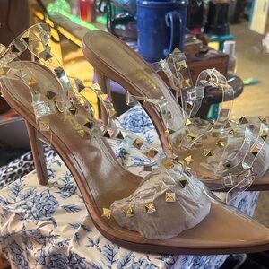 Clear Studded High Heel Sandals in Nude